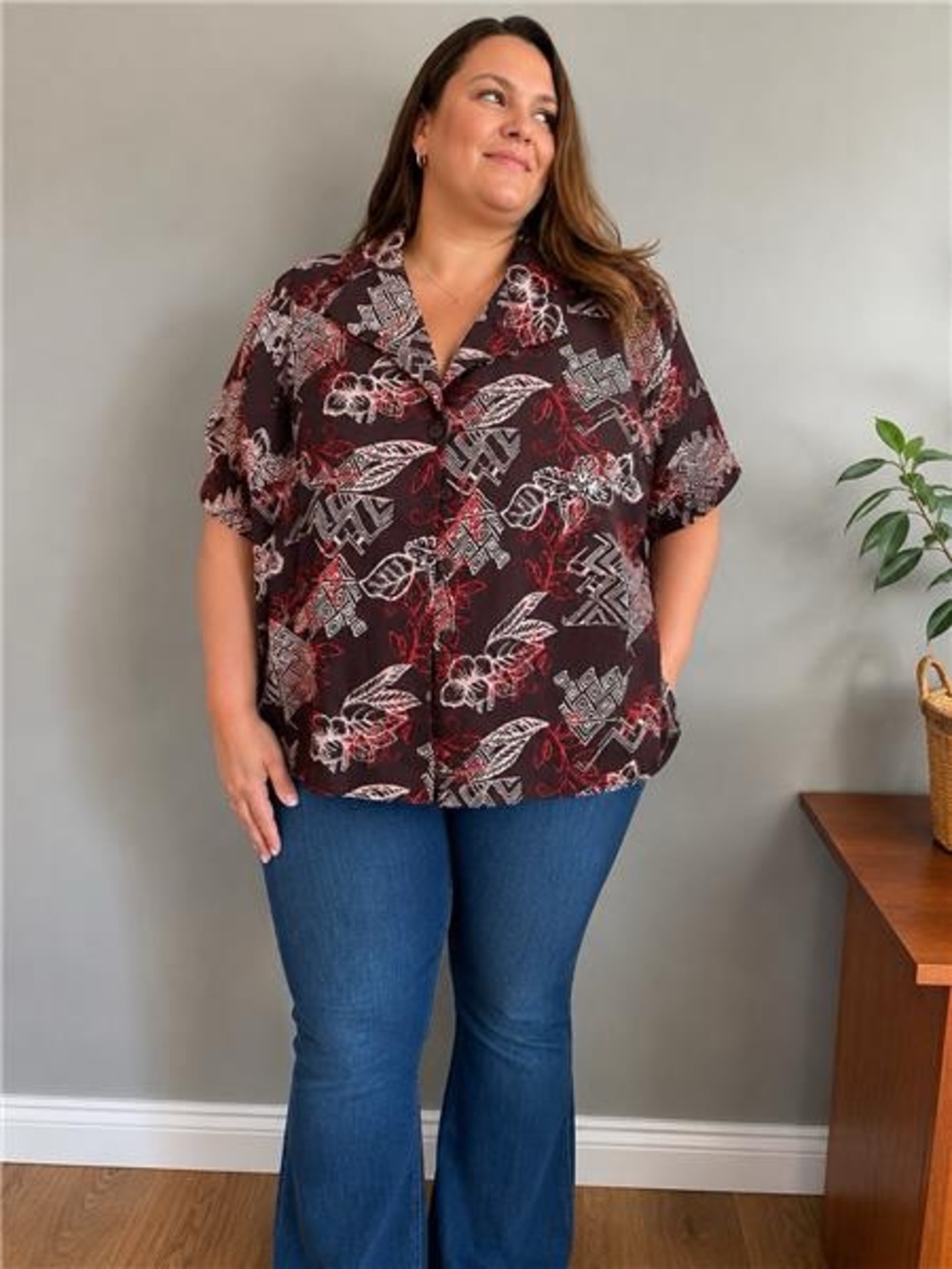 147.) Tradition / Brown Floral / Short Sleeve / Button Up Blouse